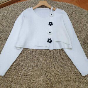 White Cropped Knit Cardigan Black White Flower Buttons